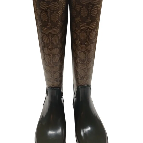 Coach Tristee Signature Tall Rain Boots Lace Back Brown Black Women's Size 8B - Picture 6 of 12